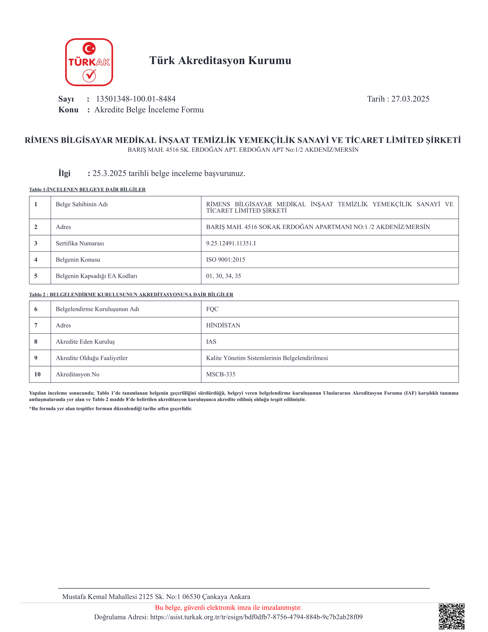 rİmens 9001 tÜrkak teyİt yazisi 1